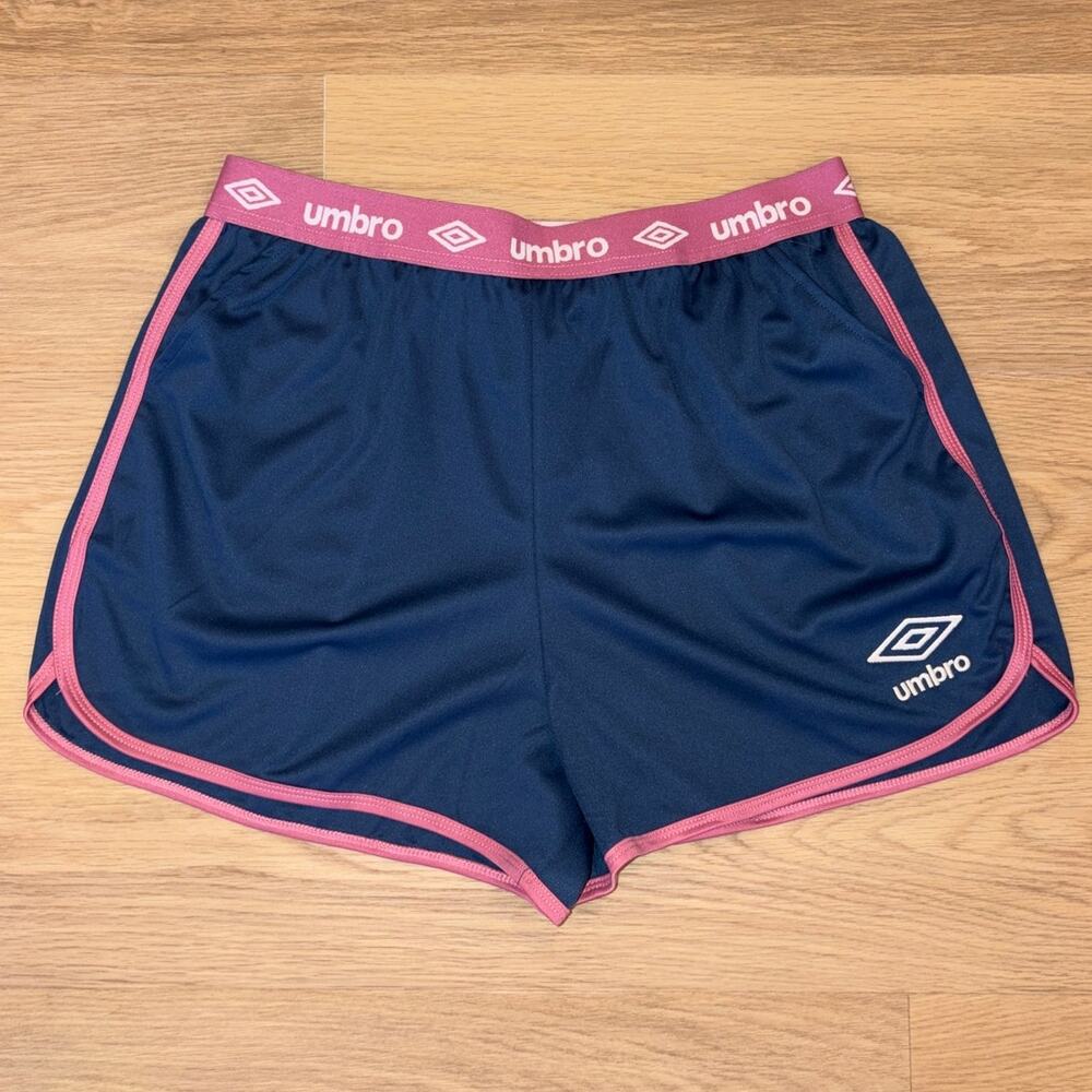Umbro navy blue & mauve pink track/soccer retro shorts womens size Large NWT